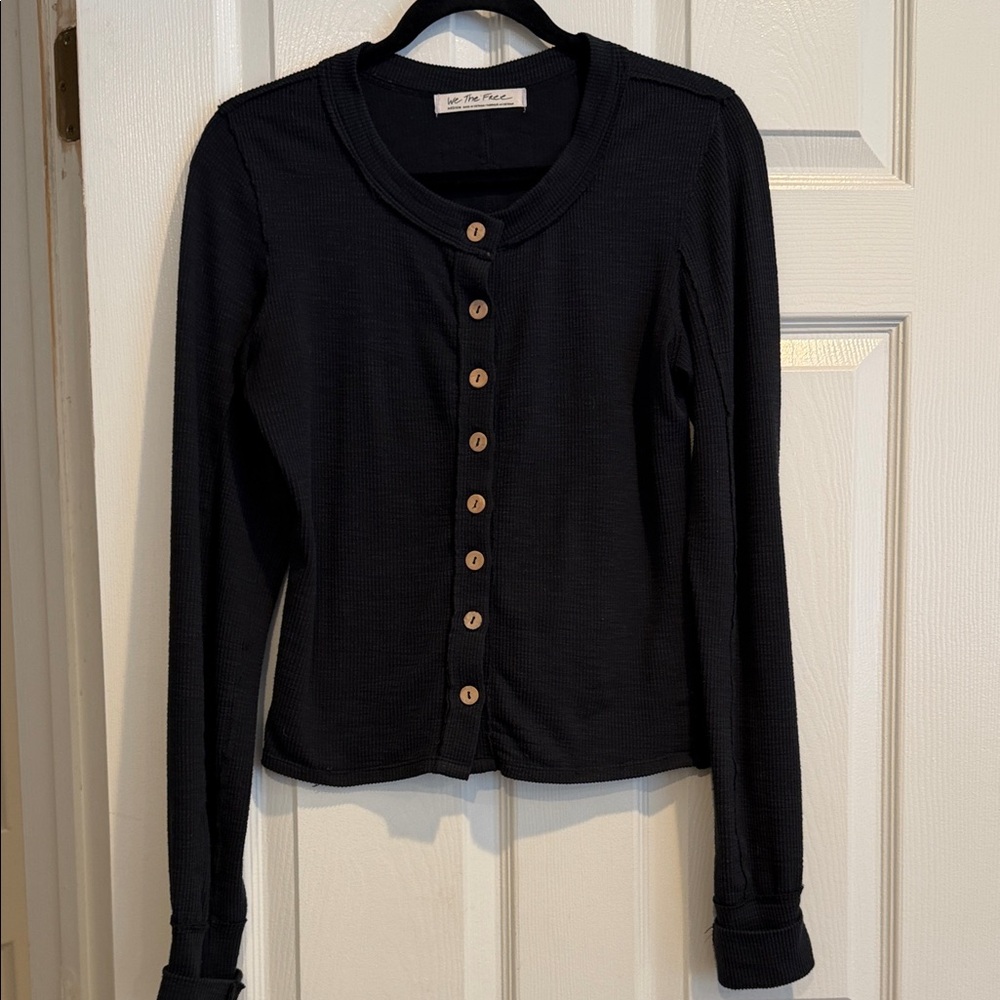 Free People We The Free Black Ribbed Button-Up Women Top
